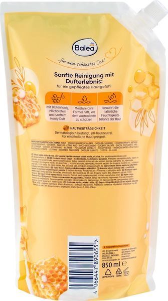 Рідке крем-мило Balea Milch & Honig запаска (рефіл) з протеїнами молока та медом, 850 мл 4066447890655 фото