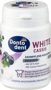 Жувальна гумка для догляду за зубами Dontodent White Cassis без цукру, з ксилітом 50%, смак чорної смородини, 50 шт 4066447966145 фото