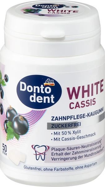 Жувальна гумка для догляду за зубами Dontodent White Cassis без цукру, з ксилітом 50%, смак чорної смородини, 50 шт 4066447966145 фото